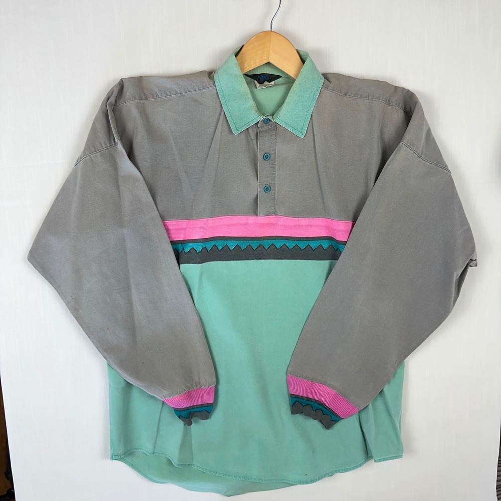 Vintage Roper Western Pullover Shirt Grey Teal Neon Pink Geometric Mens XL